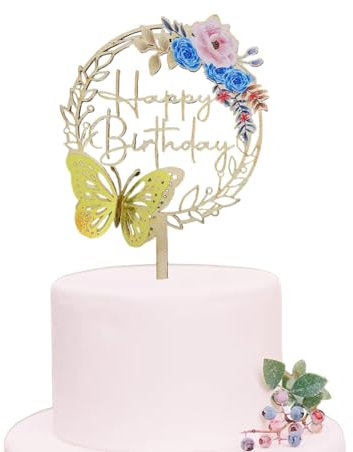 Wooden Happy Birthday Cake Topper with Foil Butterfly and UV Printed Flowers - Round Shape, 4.5 x 7 Inches