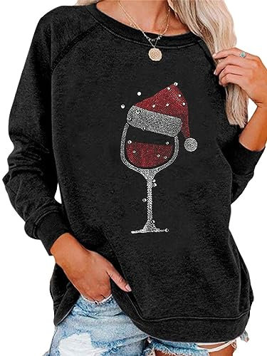 Achinel Womens Christmas Sweatshirt Long Sleeve Shirt Ladies Xmas Tops Sparkly Wine Glass Print Casual Merry Chirtsmas Blouse Black XL