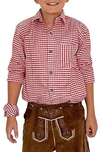Trachterbahn Chemise traditionnelle pour garçon - À carreaux et coton blanc - Manches longues - Avec foulard de 45 x 45 cm et poche de poitrine, rouge, 140