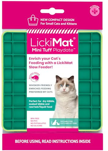 LickiMat Mini Tuff Playdate Cat Food Mat, Cat Slow Feeder for Boredom & Anxiety Relief for Cats, Perfect for Food, Treats, Yoghurt & Peanut Butter, Fun Alternative to a Slow Feeding Bowl, Green