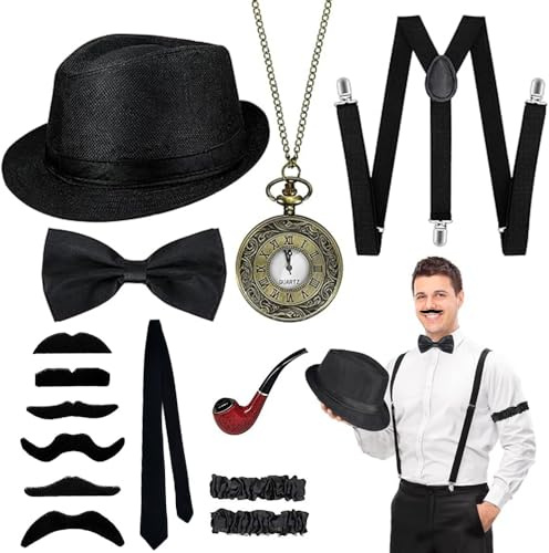 20er Jahre Accessoires, Peaky Blinders Kostüm, Mafia Outfit Herren Mit Verstellbar Elastisch Hosenträger, Gangster Look für Karneval Partys