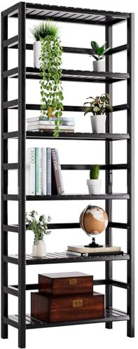 HITNET Bamboo Bookshelf, 6-Tier Tall Open Bookcase with Adjustable Shelves, Floor Standing Storage Shelf Unit for Living Room Bathroom Home Office, Black