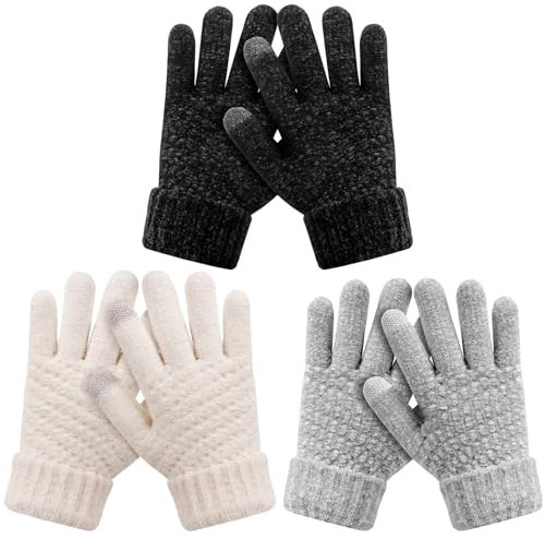 HAITHO Kinder Winter Handschuhe 3 Paar, Chenille Stricken Mit Fleece Gefüttert, Touchscreen für Teenager, Mädchen Und Jungen 9-15 Jahre