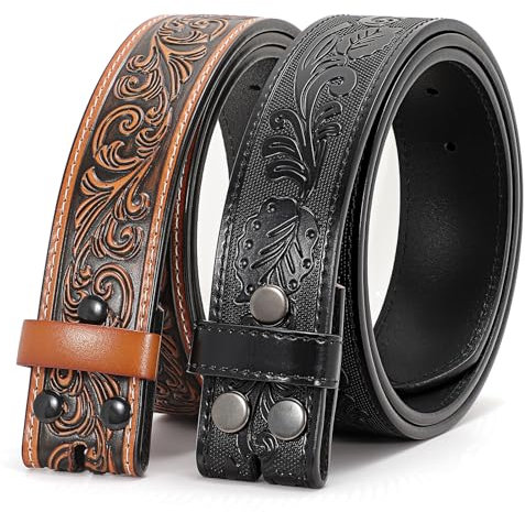 SANSTHS 2 Pack Western Gürtel für Herren und Damen Ohne Schnalle - Cowboy Leder Riemen für Jeans, Floral Braun & Schwarz