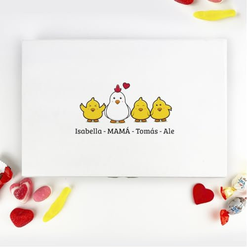 Transparent Gift Caja de Chuches Personalizada con Nombres Pollitos. Regalo Día de la Madre. Caja de Dulces para Regalar. Regalos Personalizados para Mamás. Regalos para Madres en Cumpleaños, Navidad