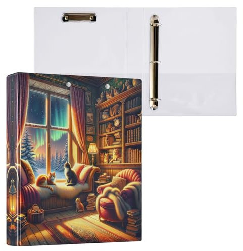 Retro Winter Reading Nook Two Cats 3,5 cm Binder 3 Ring Notebook Binder Holds 200 Sheets Round Ring Binders for School Supplies, 1 Pack