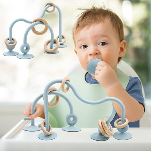 AiTuiTui Mordedor Juguetes para Bebes 3-6 Meses, Cepillo Dientes Juguete de Silicona con Ventosa para 3 6 9 12 Meses Bebé, Palo de Dentición de Bebé Niño y Niña (Azul)