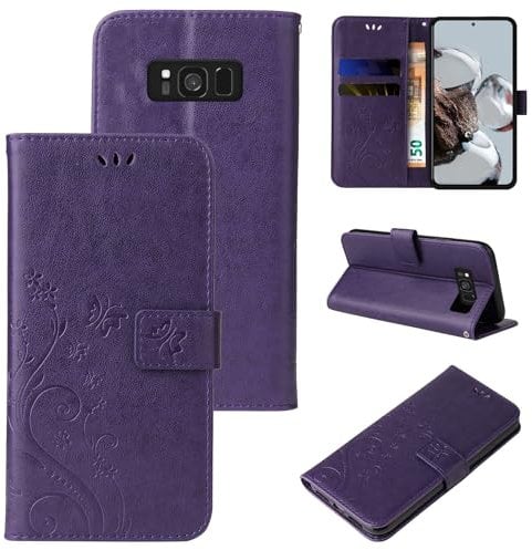 LBH Handy Hülle für Samsung Galaxy S8 Case Handytasche Schmetterling Blumen Flower Standfunktion Schutzhülle Magnet Rundum Schutz 360 Grad Flipcase Cover Violett