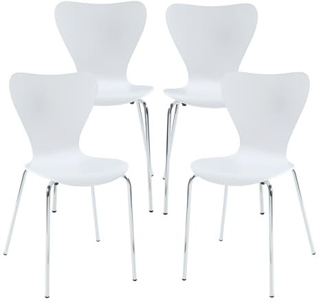 [en.casa] Esszimmerstühle 4er Set Essunga Stühle für Esszimmer Küchenstühle Stapelstuhl Holz Metallbeine 80 x 48 x 46 cm Lehnstuhl Weiß/Chromfarben