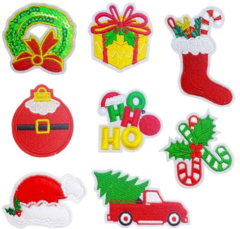 Durdiiy Christmas Iron on Patches, 6/8 PCS Embroidered Iron on Patches Santa Claus Christmas Tree Elk Snowman Gift DIY Patches Stickers Sew On Decoration Patch for DIY Jeans Clothing Handbag (B-8)