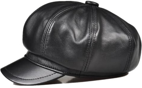Newsboy Cap für Damen und Herren, echtes Leder, Schaffell, Baskenmütze, Vintage, achteckige Kappe, Schwarz , M