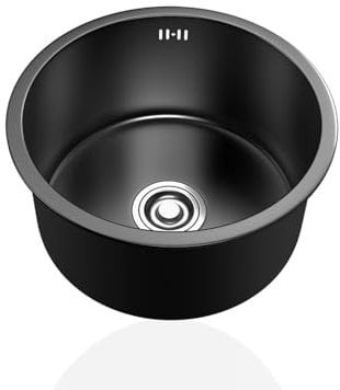 Fregadero Cocina 1 Seno Negro,Pileta de Cocina Redondo,Lavadero Cocina Inoxidable,Pila de Cocina Pequeño con Drenaje,Formas de Instalar Sobre Encimera/Bajo Encimera (Ø 28cm)