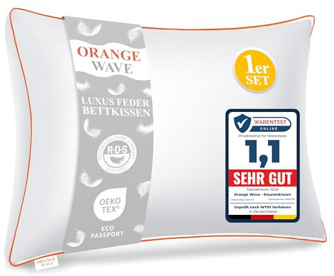 Orange Wave Kopfkissen 50x70cm Federkissen - Daunenkissen Kopfkissen 1er Kissen Daunen und Federn Schlafkissen, RDS und Oeko-TEX Seitenschläferkissen für Maximale Unterstützung