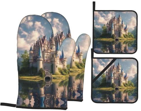 Dream-Like Fairy Tale Castle03 Set of 4 Oven Mitts and Pot Holders Heavy Kitchen Home Decor Kitchen Christmas Gift