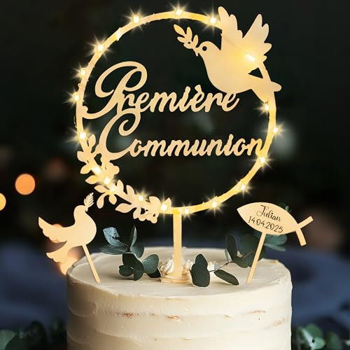 Cake Topper Kommunion, 3 Stück Kuchen Topper Kommunion mit LED Lichterkette, Tortendeko Holz Religious Ceremony