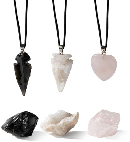 Myga Crystal Necklace & Gemstone Set - Black Obsidian, Rose Quartz or White Geode Pendant Necklace with Healing Crystal - Spiritual Gift for Yoga, Meditation & Chakra