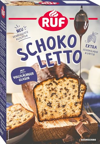 RUF Schokoletto, Backmischung für einen Kastenkuchen aus besonders saftigem Rührteig mit Schoko-Stückchen und extra viel Glasur