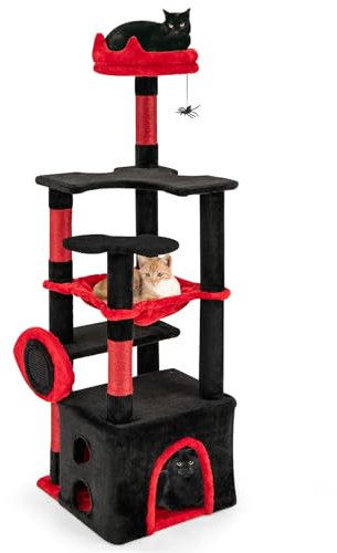 COSTWAY Gothic Cat Tree, 133cm Tall Cat Climbing Tower with Plush Perch, Platforms, Hammock, Condo, Spider Dangling Toy, Scratching Posts & Board, Indoor Multi-Level Kitten Activity Center, Halloween