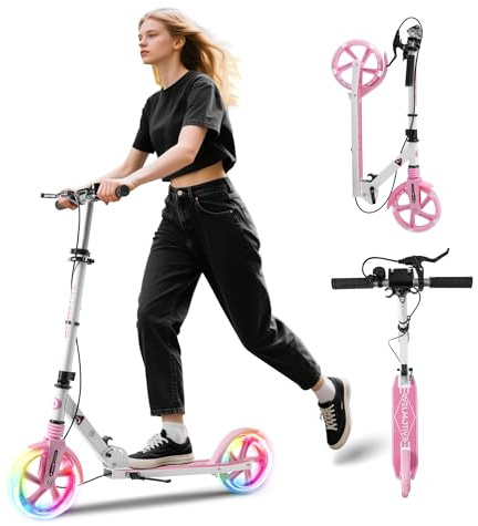 Welmotive Aluminium Cityroller klappbar höhenverstellbar mit Ständer & LED Rädern – Scooter für Kinder & Erwachsene bis 100 kg – Stabiler Tretroller weiß