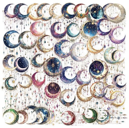 Transparente Traumhafte Galaktischer Mond Aufkleber 50 Stück Vinyl Trendy Sticker für Laptop Skateboard Scrapbook Motorrad Koffer Fahrrad Gepäck,Wasserfest Stars Moon Sticker für Erwachsene Mädchen