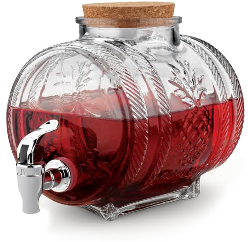Dispensador de Bebidas de Vidrio en Forma De Barril con Grifo, Tarro de Cristal con Tapón de Corcho y Grifo para Agua, Whisky, Vino y Refrescos, Ideal para Fiestas, Bodas y Eventos, 5 Litros