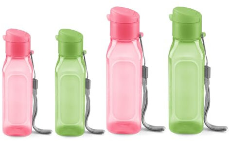 MILTON Bulk Water Bottles Set of 4 – 10 and 17oz Multicolor Bottles for Kids and Adults – Leak Proof with Carry Strap – Square Reusable Bottles for Juice, Drinks BPA-Free Dishwasher-Safe