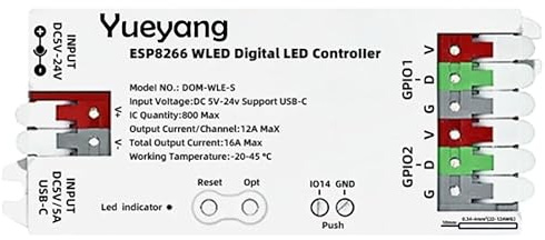 WLED LED Strip Controller, Smart Dimmer ESP8266 DC12V 800IC Segmented Color digital light strip For DIY WS2811 WS2812B SK6812 SM16703P RGBW Strip Lights, DC 5V 12V 24V USB-C type