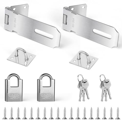 Hasp and Staple with Padlock - 2 Set 4 inch Shed Lock, Silvery Door Lock with Key, Doors Clasp Latch Security Hasps, Heavy Padlock Hasp for Bedroom, Garden, Shed, Garage, Cabinet Door, Pet Cage