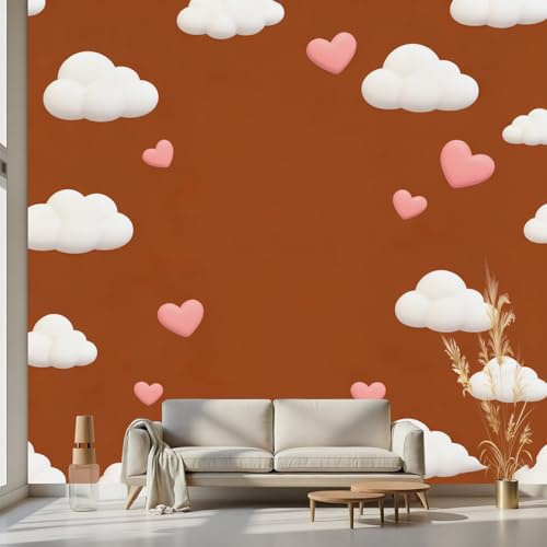 Kioldoq Wolken Kunst Selbstklebende Tapete, Herz Braun Tapeten Selbstklebend, Modern Einfache Fototapete 450 x 315 cm, Wallpaper Self-Adhesive Wohnzimmer Schlafzimmer