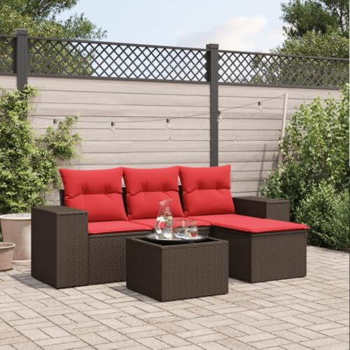 mzdioop 5-teiliges Gartensofa-Set, braun, aus witterungsbeständigem Polyrattan mit gemütlichen roten Kissen, modular für Terrasse, Balkon und Außenbereich