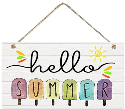 FOMIYES Sommer Türschild Holz Strandhaus Deko Schild zum Aufhängen Hello Summer Wandtafel mit Eis am Stiel Design Wetterfestes Holzschild für Haustür Garten Terrasse Maritimes Ornament