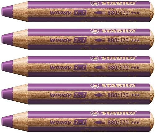STABILO - Buntstift, Wasserfarbe & Wachsmalkreide - woody 3 in 1-5er Pack - lila