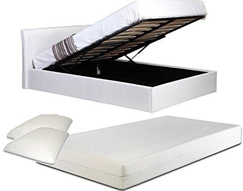 Direct Furniture Suppliers LUNA 4FT Small Double Faux Leather Ottoman Storage Bed Gas Lift Up (H: 88.5cm x W: 138cm x L: 203cm) and 25cm Thick Memory Foam Mattress (White)