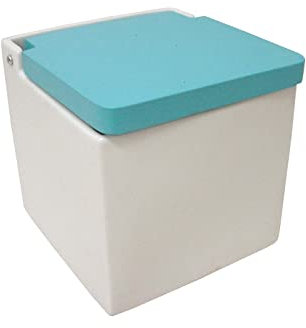 SALERO Sal Cuadrado Porcelana Blanco BISAGRA Tapa Madera Azul