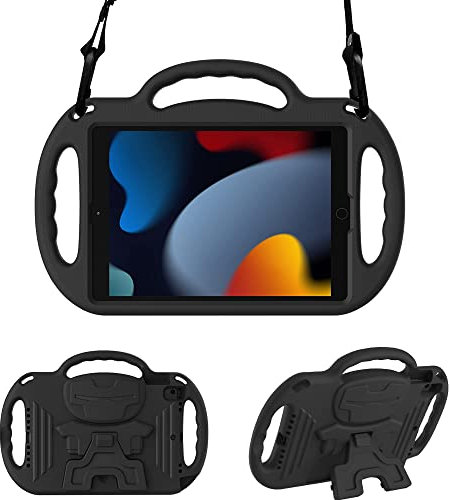 Surom Custodia per bambini per nuovo iPad 10.2 pollici 2021/2020/2019 (9th/8th/7th generazione), custodia per bambini con tracolla per iPad 2021/2020/2019 10.2, iPad Air 3 10.5 2019, nero