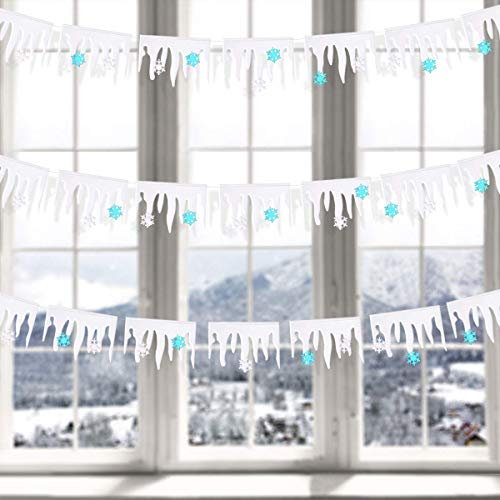 Winter Wonderland Schneeflocken Papier Eiszapfen Banner Party Dekorationen Kit Perlweiß Weihnachten Eiszapfen Wimpelkette mit blauen und weißen Schneeflocken für Happy Xmas Home Frozen Party