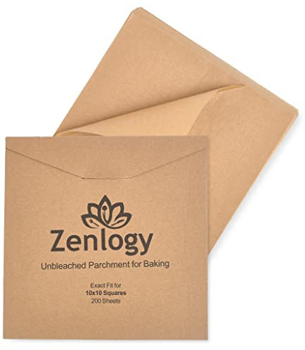 Zenlogy Carrés de papier sulfurisé 25,4 x 25,4 cm (200 feuilles), non blanchi, haute chaleur, antiadhésif, papier de cuisson prédécoupé – Convient aux poêles carrées, grille-pain, friteuse à air,