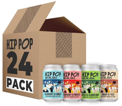 Hip Pop Kombucha, Mixed Flavour Case, Low Calorie, 100% Natural, Vegan, Branding of Cans May Vary, 24 x 330 ml
