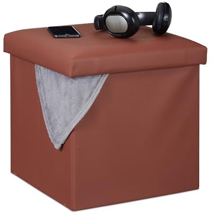 Relaxdays Hocker mit Stauraum, Kunstleder, Schaumstoff Polster, Deckel, faltbar, Sitzwürfel HBT 38 x 38 x 38 cm, braun