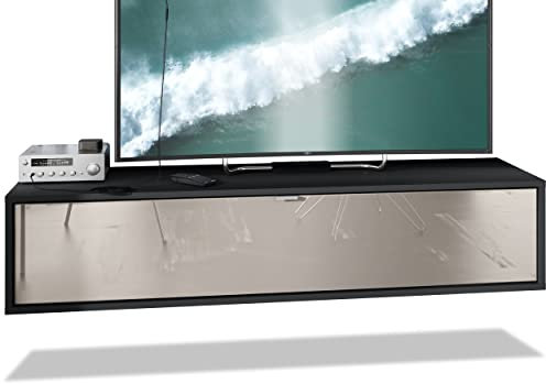 Vladon TV Board Lana 140 Hängeschrank Lowboard 140 x 29 x 37 cm, Made in Germany, Korpus in Schwarz matt, Fronten in Sandgrau Hochglanz | Große Farbauswahl