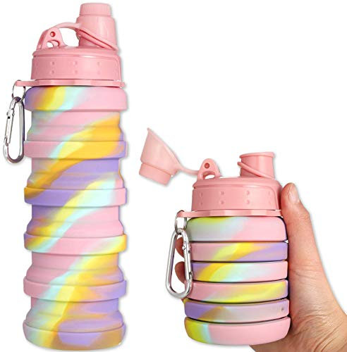 Acehome Collapsible Water Bottle for Kids, Camouflage Color Food-Grade Silicone Portable Leak-Proof Travel Water Bottle 500ml for School, Travel, Camping and Gym (Pink)