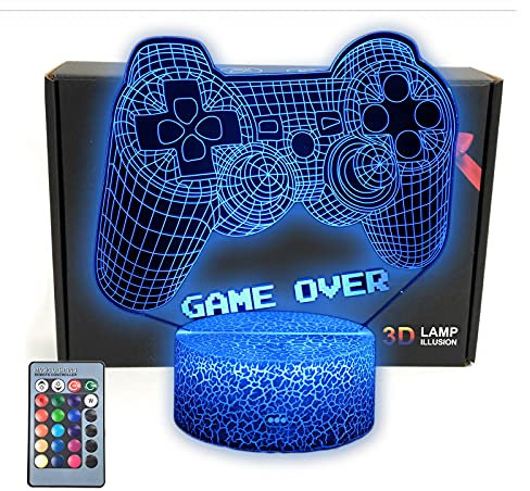 TriPro Joystick Game Over 3D Illusion Room Desk Decor Lamp Gaming Night Light with 16 Colors Change, Touch & Remote Room Decorations