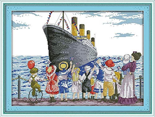 Kreuzstichset Für Erwachsene Schiff vom Hafen 11CT Full Range of Embroidery Starter Kit DIY Kinder Erwachsene Familie Dekoration 16X20 Zoll