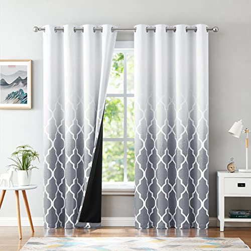 Beauoop Blackout Curtains for Living Room Grey Ombre Curtains 90 Inch Drop Geometric Print Eyelet Curtain for Bedroom Room Darkening Thermal Insulated Window Curtain Drapes 2 Panel