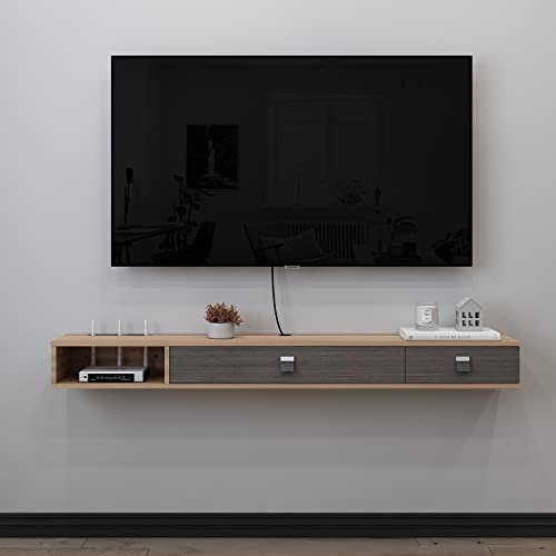 Schwebendes TV-Schrank, TV-Schrank, Wandmontage, schwimmendes TV-Regal, Multimedia-Konsole, TV-Halterung, Topbox, Kabel, Box, Router, Aufbewahrungsregal (140 cm, Dunkelbraun)
