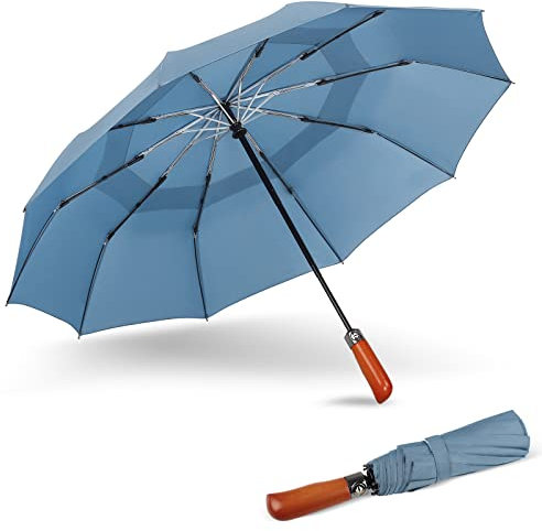 Jiguoor Set of 2 Foldable Umbrella, Windproof Compact Travel Umbrella, Auto Open and Close with Teflon Coating, Ergonomic Handle, Leather Case for Men and Women, 10-Rib