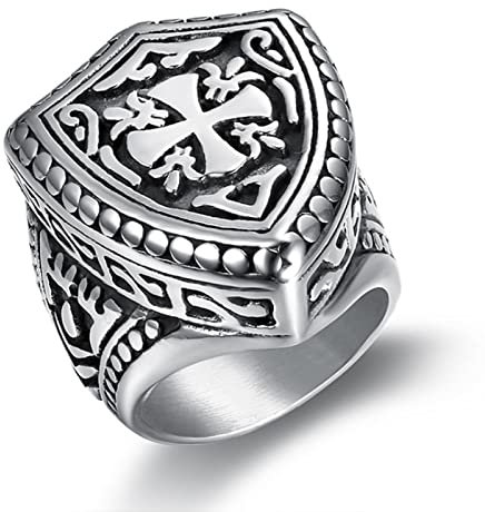 HCMA Mittelalterlicher 316L Edelstahl Ring Krieger Kreuz Schild Tempelritter Freimaurer Amulett Ring Schmuck Geschenk