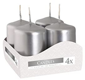 Nipter Votivkerzen Stumpenkerzen Adventkerzen Silber Metallic, Durchmesser ca. 3,5 cm, Höhe 6 cm, geruchsneutral, lange Brenndauer 7h, Set 4 Stück (1 Box)