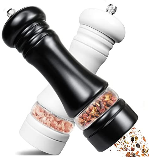 IAGORYUE Molinillo Pimienta, Molinillos de Pimienta y Sal Manual con Núcleo de Cerámica, Molinillo Especias Madera de Ajustable, Salero y Pimentero Negro/Blanco, 6.5 Pulgadas (2 Piezas)