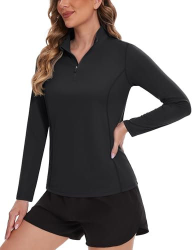 TACVASEN Damen Rash Guard UV Sonnenschutz Langarmshirt Schnelltrocknend Laufshirt Leicht Outdoor Shirt (S, Schwarz)
